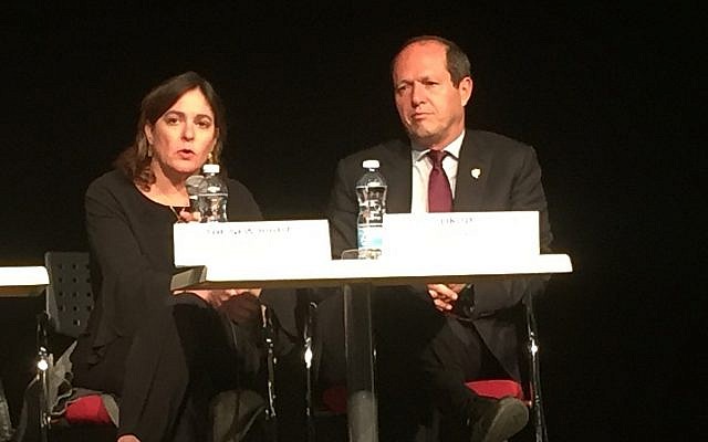 Panelists Caroline Glick (The New Right) and Nir Barkat (Likud) at a Times of Israel election debate in Jerusalem on March 18, 2019 (ToI staff)