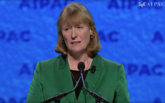 British MP Joan Ryan addresses the AIPAC policy conference, March 24, 2019. (AIPAC screenshot)