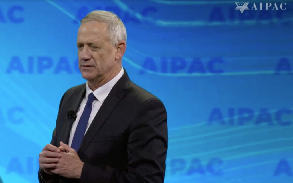 Benny Gantz addresses AIPAC's policy conference in Washington DC, March 25, 2019 (AIPAC screenshot)