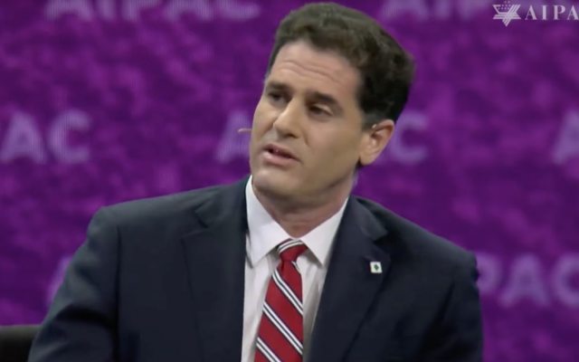 Israeli ambassador to the US, Ron Dermer, speaks at AIPAC's policy conference, March 24, 2019 (AIPAC screenshot)