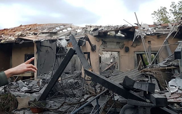 A home in the central Israeli town of Mishmeret, which was destroyed in a rocket attack from the Gaza Strip on March 25, 2019. (courtesy)
