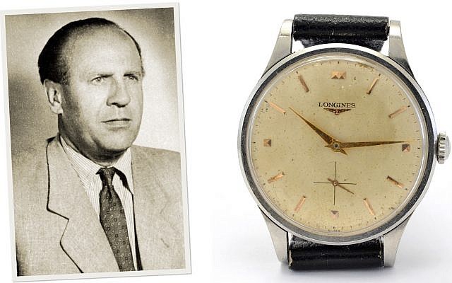 A picture of Oskar Schindler (L) and his wristwatch, which were sold at an auction in March 2019. (RR Auction)
