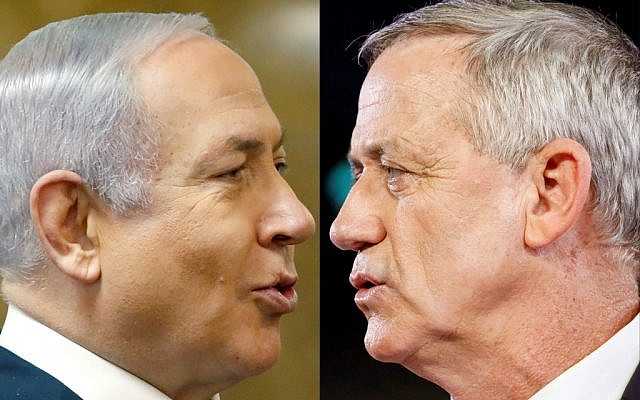 This combination of pictures created on April 2, 2019 shows (L) Prime Minister Benjamin Netanyahu and Blue and White party leader Benny Gantz. (Ronen Zvulun and Jack Guez/AFP)