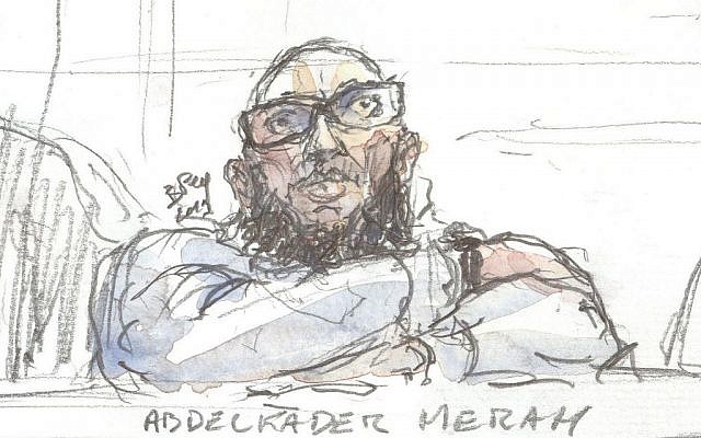 This file photo taken on March 25, 2019 shows a court sketch made at the Paris courthouse of Abdelkader Merah. (Benoit PEYRUCQ / AFP)
