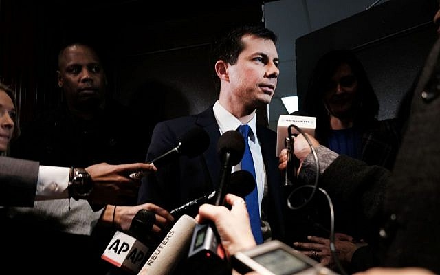 Democratic presidential hopeful Pete Buttigieg speaks to the media at the National Action Network's annual convention in New York City, April 4, 2019. (Spencer Platt/Getty Images/via JTA)