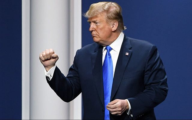 US President Donald Trump gestures after speaking during the Republican Jewish Coalition's annual leadership meeting at The Venetian Las Vegas, April 6, 2019. (Ethan Miller/Getty Images/via JTA)