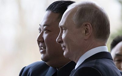 Russian President Vladimir Putin,(R) and North Korea's leader Kim Jong Un pose for a photo prior to their talks in Vladivostok, Russia, on April 25, 2019. (AP Photo/Alexander Zemlianichenko, Pool)