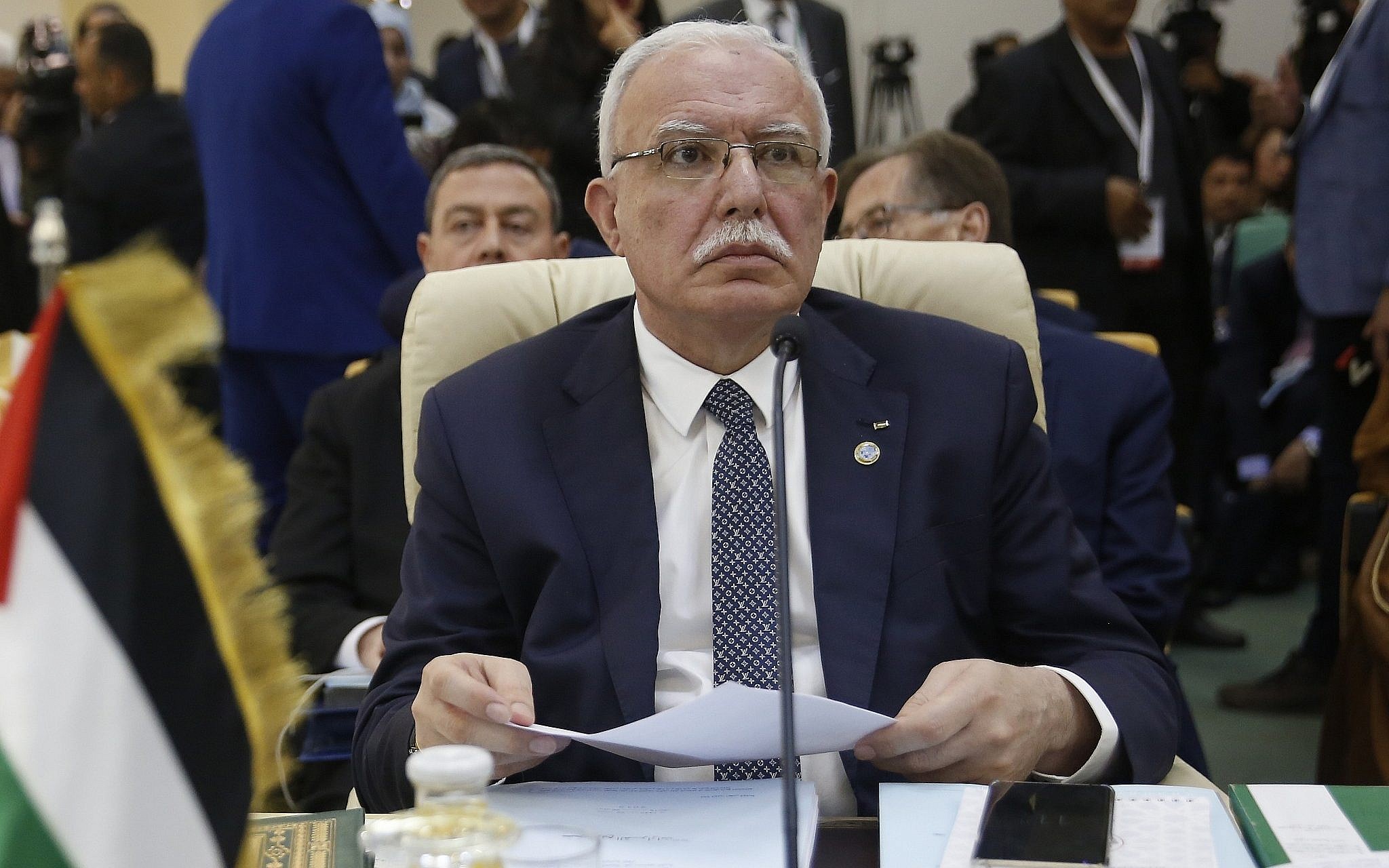 Palestinian Authority Foreign Minister Riyad al-Maliki attends the opening session of the Arab foreign ministers meeting ahead of the Arab Summit, in Tunis, March 29, 2019. (AP Photo/Hussein Malla)