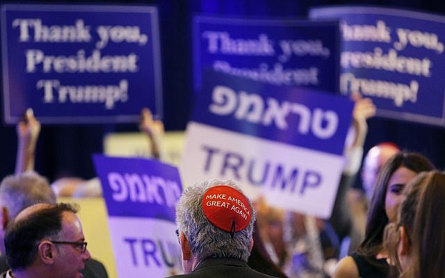 An attendee wears a 'Make America Great Again' kippah before US President Donald Trump speaks at an annual meeting of the Republican Jewish Coalition on April 6, 2019, in Las Vegas. (AP/John Locher)