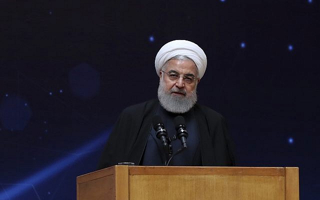 Iranian President Hassan Rouhani at a ceremony commemorating the 'National Day of Nuclear Technology' in Tehran, Iran, April 9, 2019. (Iranian Presidency Office via AP)