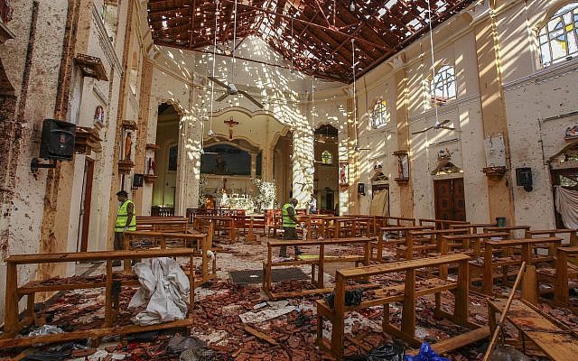 A view of St. Sebastian's Church damaged in blast in Negombo, north of Colombo, Sri Lanka, April 21, 2019 hit by one of eight blasts that rocked churches and hotels in and just outside of Sri Lanka's capital on Easter Sunday. (AP/Chamila Karunarathne)