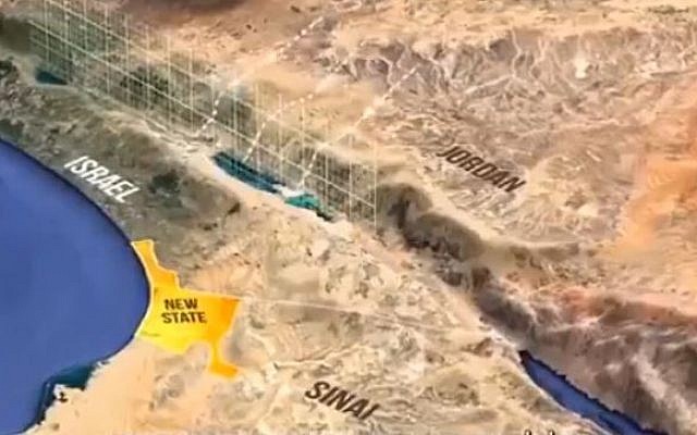 Screencapture from a video purporting to show a plan to to give the Palestinian part of the Sinai for a future state. US envoy Jason Greenblatt denies this is part of the Trump peace plan, Aprli 19, 2019. (Screencapture/Twitter)