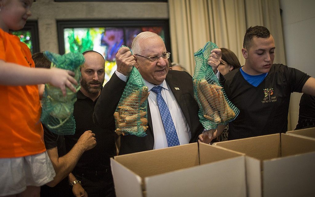 President Reuven RIvlin helps volunteers pack boxes with food for needy families ahead of Passover, at the President's Residence in Jerusalem, on April 19, 2016. (Hadas Parush/Flash90/File)