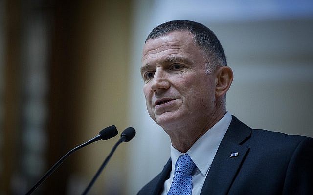 Knesset Speaker Yuli Edelstein speaks to new lawmakers ahead of the swearing-in ceremony for the 21st Knesset on April 29, 2019. (Noam Revkin Fenton/Flash90)