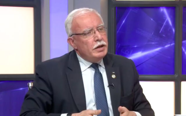 Palestinian Authority Foreign Minister Riyad al-Malki speaking to Palestine TV, the official PA channel, on April 23, 2019. (Screenshot: Palestine TV)