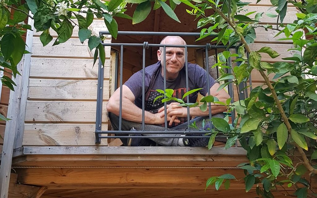 CropX CEO Tomer Tzach in the tree house he built for his children at his home in Zichron Yaakov (Courtesy)