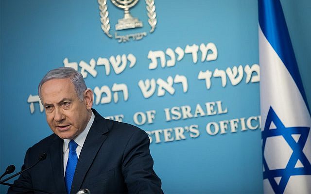 Prime Minister Benjamin Netanyahu at a press conference at the Prime Minister's office in Jerusalem, April 3, 2019. (Noam Revkin Fenton/Flash90)