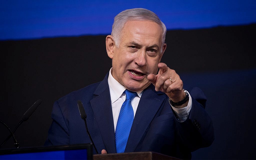 Prime Minister Benjamin Netanyahu addresses Likud supporters as the results of the Israeli general elections are announced, indicating that he has won reelection, at the party headquarters in Tel Aviv, in the early hours of April 10, 2019. (Yonatan Sindel/Flash90)