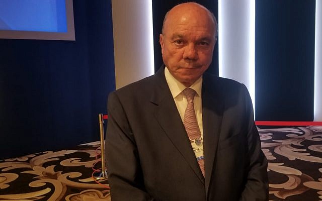 Jordanian Senate Speaker Faisal al-Fayez on the sidelines of the World Economic Forum at the Dead Sea on March 6, 2019. (Adam Rasgon/Times of Israel)
