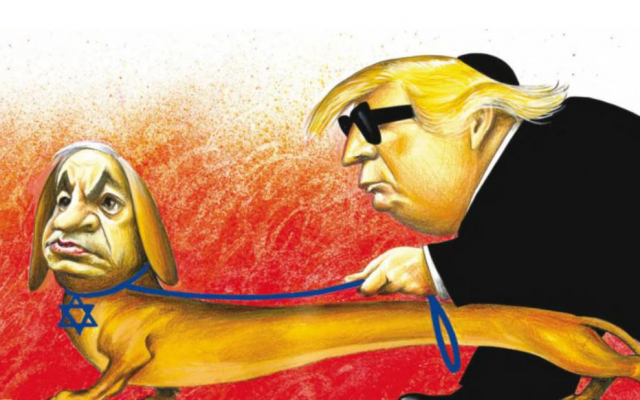 A caricature of Prime Minister Benjamin Netanyahu and US President Donald Trump published in the New York Times' international edition on April 25, 2019, which the paper later acknowledged "included anti-Semitic tropes." (Courtesy)