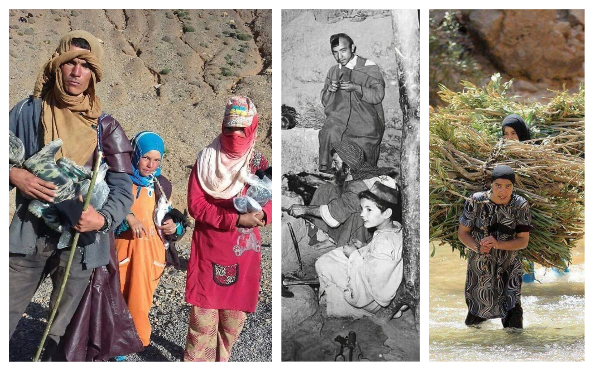 From left: Villagers from Agoudal with gear purchased with money raised by the GoFundMe page managed by Martha Rettig and Denise Marie; A Jewish-Amazigh workshop in the Atlas mountains in the 1950s; Amazigh women cross a river bearing loads on their backs. (Courtesy)