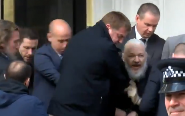 Wikileaks founder Julian Assange is arrested at the Ecuadorian embassy in London, April 11, 2019 (Screen grab via Sky News)