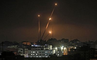 A picture taken in Gaza City on May 5, 2019, shows rockets being fired toward Israel. (Mahmud Hams/AFP)