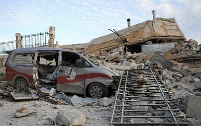 Destruction at the entrance of a hospital in the village of Kafr Nabl, south of the jihadist-held Syrian province of Idlib, May 5, 2019, reportedly hit by Russian airstrikes. (OMAR HAJ KADOUR / AFP)