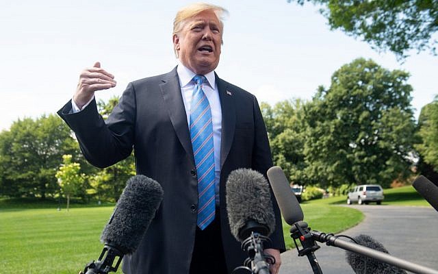 US President Donald Trump speaks to the media prior to departing on Marine One from the South Lawn of the White House in Washington, May 14, 2019. (Saul Loeb/AFP)