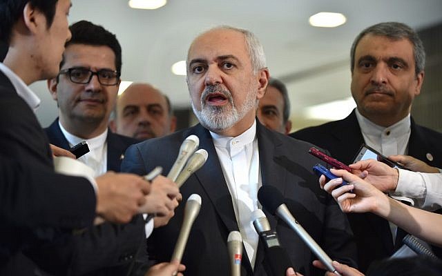 Iranian Foreign Minister Mohammad Javad Zarif (C) answers questions after meeting with his Japanese counterpart Taro Kono at the foreign ministry in Tokyo on May 16, 2019. (Kazuhiro Nogi/AFP)