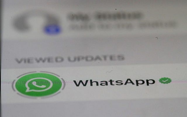 The WhatsApp messaging app is displayed on an iPhone on May 14, 2019, in San Anselmo, California. (Justin Sullivan/Getty Images)