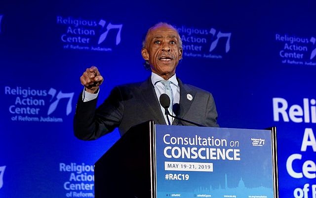 Al Sharpton speaking at the Reform movement’s Religious Action Center conference in Washington, DC, May 20, 2019. (RAC)