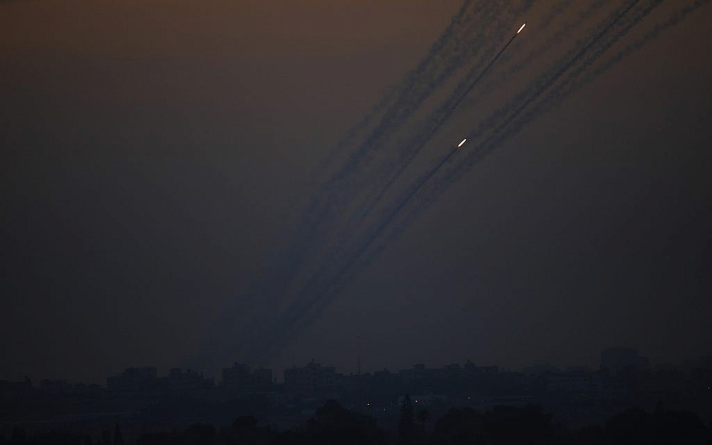 Illustrative: Rockets are launched from Gaza Strip to Israel, May 5, 2019.  (AP Photo/Ariel Schalit)