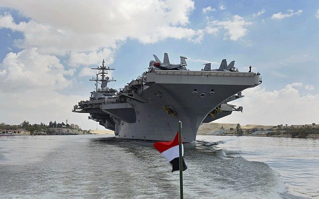 The USS Abraham Lincoln sails south in the Suez canal near Ismailia toward the Persian Gulf, May 9, 2019. (Suez Canal Authority via AP)