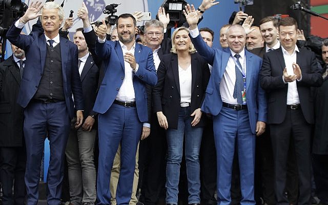 From left, Geert Wilders, leader of Dutch Party for Freedom, Matteo Salvini, Jörg Meuthen, leader of Alternative For Germany party, Marine Le Pen, Leader of the French National Front, Vaselin Marehki leader of Bulgarian 'Volya' party, Jaak Madison of Estonian Conservative People's Party, and Tomio Okamura leader of Czech far-right Freedom and Direct Democracy, attend a rally organized by League leader Matteo Salvini, with leaders of other European nationalist parties, ahead of the May 23-26 European Parliamentary elections, in Milan, Italy, May 18, 2019. (Luca Bruno/AP)