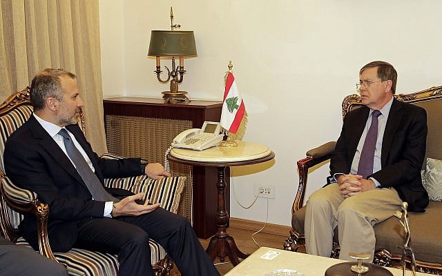 US Deputy Assistant Secretary of State David Satterfield, right, who is attempting to mediate a border dispute between Lebanon and Israel, meets with Lebanese Foreign Minister Gibran Bassil at the Lebanese foreign ministry in Beirut, Lebanon, May 28, 2019. (AP Photo/Hassan Ammar)