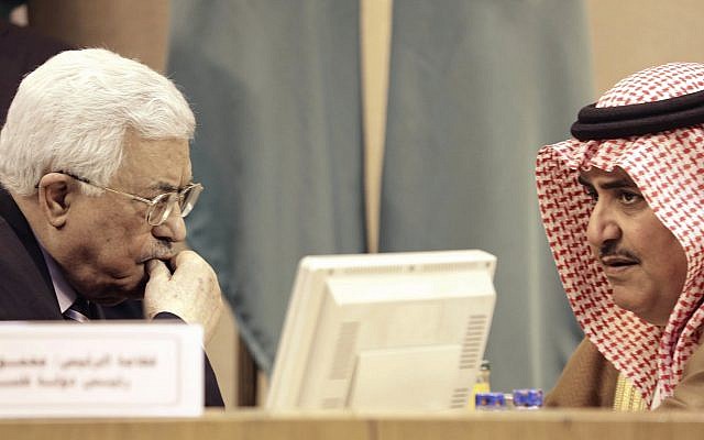 Illustrative: Palestinian Authority President Mahmoud Abbas, left, listens to Bahrain’s Foreign Minister Khalid bin Ahmed al-Khalifa during an emergency Arab League session in Cairo, Egypt, May 28, 2016. (AP Photo/Amr Nabil)