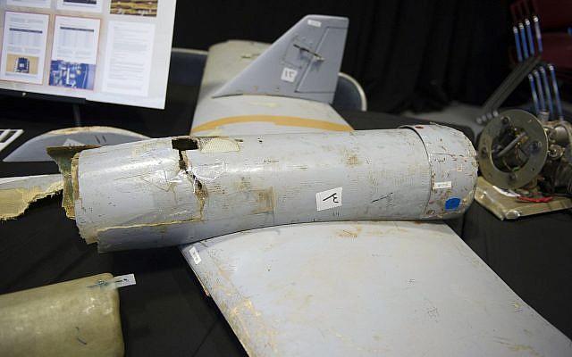 Illustrative: The remains of an Iranian Qasef-1 Unmanned Aerial Vehicle, used as a one-way attack UAV to dive on targets and then detonating its warhead, which was fired by Yemen's Iran-backed Houthi rebels into Saudi Arabia, according to then-US ambassador to the UN Nikki Haley during a press briefing at Joint Base Anacostia-Bolling, December 14, 2017, in Washington. (AP Photo/Cliff Owen)