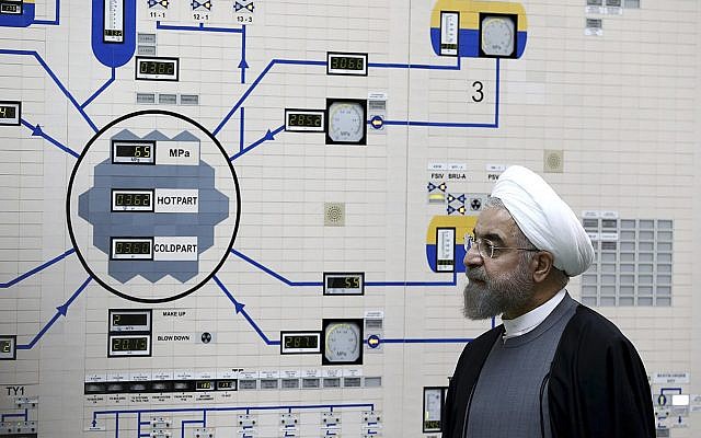 Iranian President Hassan Rouhani visits the Bushehr nuclear power plant just outside of Bushehr, Iran, January 13, 2015. (Iranian Presidency Office, Mohammad Berno/AP)