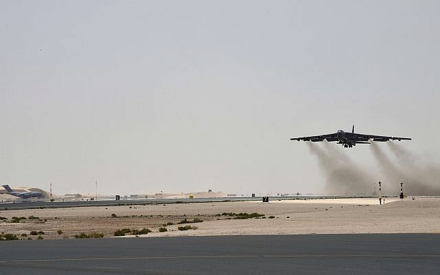 A US Air Force B-52H Stratofortress aircraft assigned to the 20th Expeditionary Bomb Squadron takes off from Al Udeid Air Base, Qatar, May 12, 2019. (Staff Sgt. Ashley Gardner, US Air Force via AP)