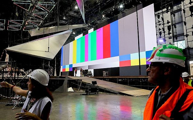 Workers prepare the stage ahead of the opening of the Eurovision Song Contest in Tel Aviv, on April 15, 2019. (Flash90)