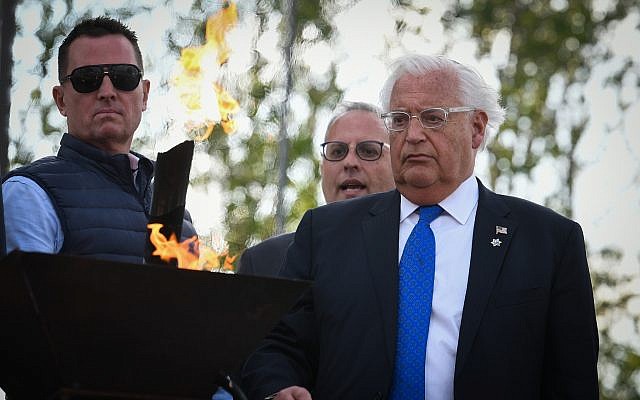United States Ambassador to Israel David Friedman participates in the March of the Living ceremony at the Auschwitz-Birkenau camp site in Poland, as Israel marks annual Holocaust Memorial Day, on May 2, 2019 (Yossi Zeliger/Flash90)