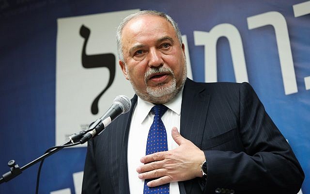 Yisrael Beytenu leader MK Avigdor Liberman leads a party faction meeting at the Knesset on May 13, 2019. (Noam Revkin Fenton/Flash90)