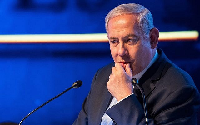 Prime Minister Benjamin Netanyahu speaks at an event marking one year since the transfer of the US Embassy from Tel Aviv to Jerusalem, on May 14, 2019. (Yonatan Sindel/Flash90)