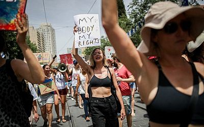 Israeli protesters chant slogans as they march in the SlutWalk in central Jerusalem, on May 24, 2019. (Yonatan Sindel/Flash90)