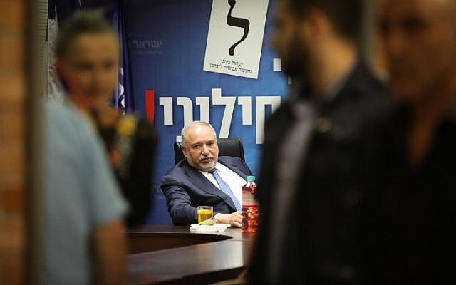 Yisrael Beytenu party leader Avigdor Liberman sits at a faction meeting at the Knesset, on May 29, 2019. (Noam Revkin Fenton/Flash90)