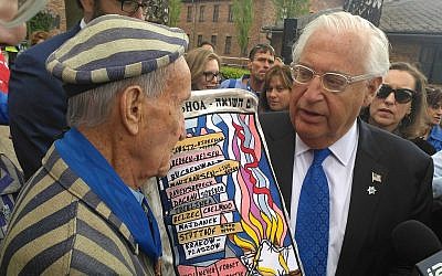 Holocaust survivor Edward Mosberg, 93, and US Ambassador to Israel David Friedman at the March of the Living on May 2, 2019 (Michael Bachner/Times of Israel)