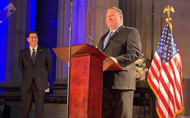US Secretary of State Mike Pompeo addresses Israel's 71st Independence Day Celebration at the Andrew W. Mellon Auditorium in Washington, DC, on May 22, 2019 (Eric Cortellessa/Times of Israel)