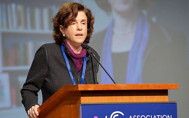 Maud Mandel, the president of Williams College, speaking at the Association of Jewish Studies conference in Boston, Dec. 16, 2018. (Tim Correira)