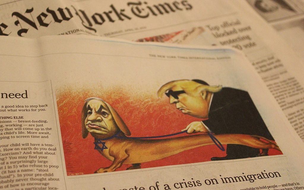 A caricature of Prime Minister Benjamin Netanyahu and US President Donald Trump published in The New York Times international edition on April 25, 2019, which the paper later acknowledged ‘included anti-Semitic tropes.’ (Raoul Wootliff/Times of Israel)